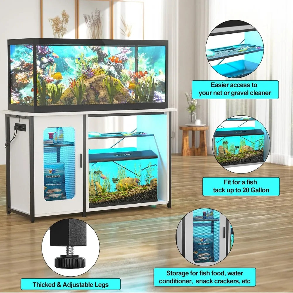 Metal 55-75 Gallon Aquarium Stand Cabinet with Power Outlets & LED Light