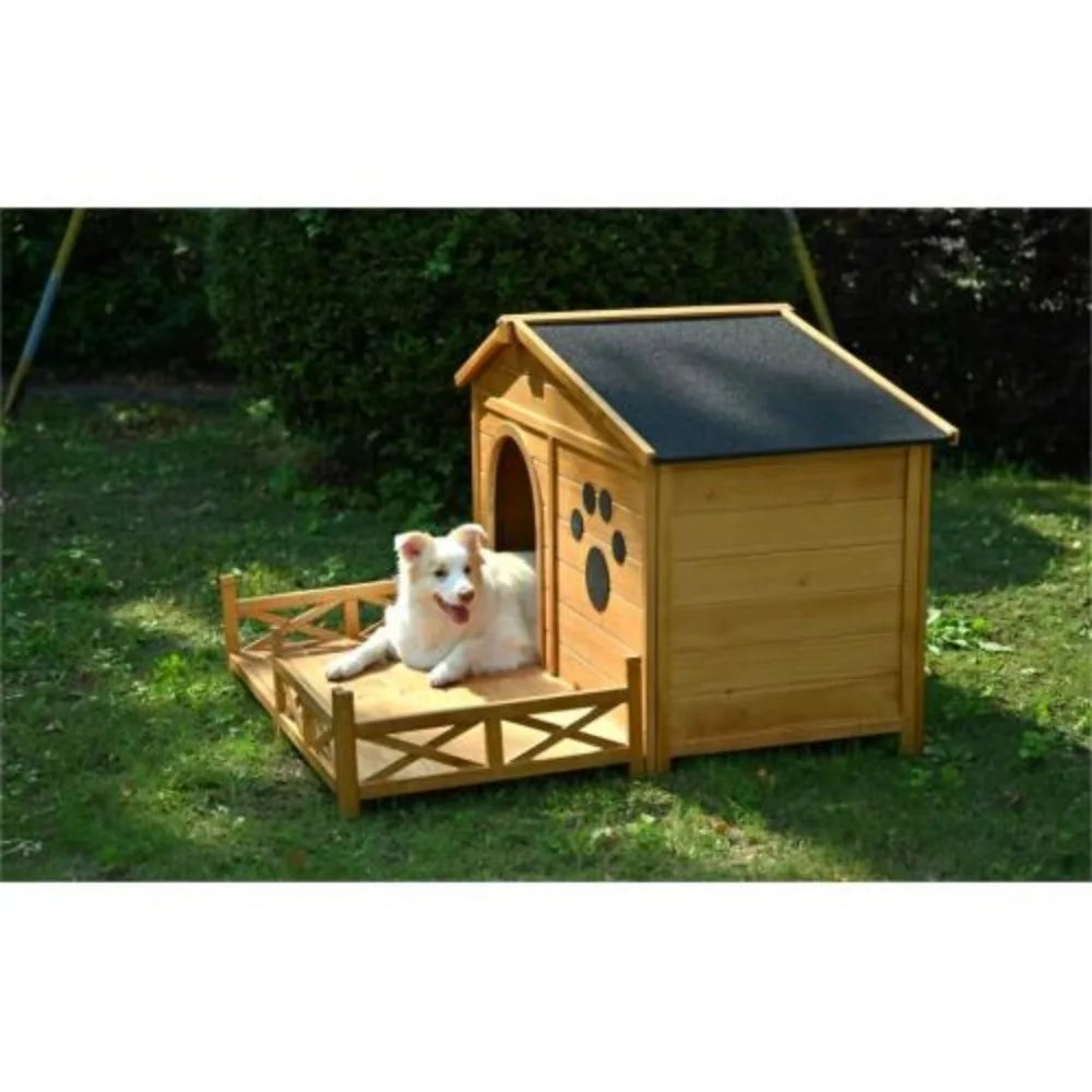 Outdoor Wooden Dog House w/Asphalt Roof and Fenced Porch