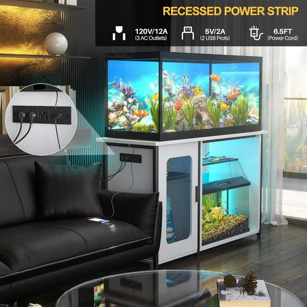 Metal 55-75 Gallon Aquarium Stand Cabinet with Power Outlets & LED Light