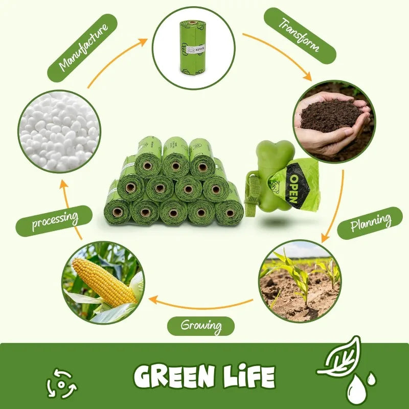 180 pc Disposable Waste Poop Bags w/Dispenser & Leash Clip