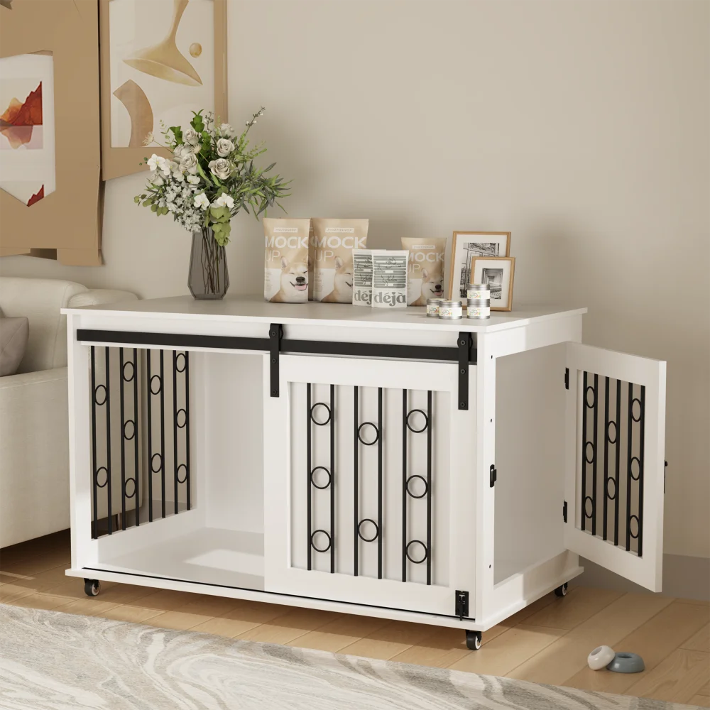 Wooden End Table Dog Kennel with Sliding Barn Door (small/medium dogs)