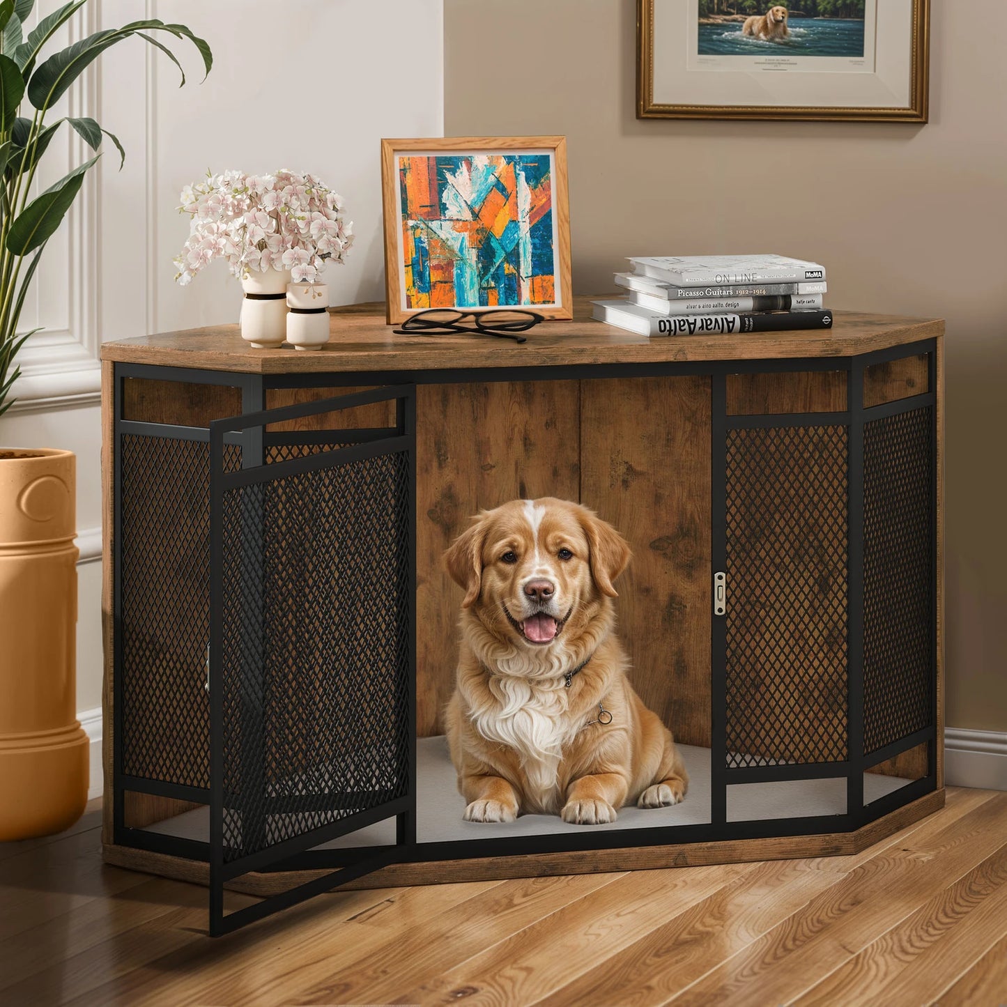 Sturdy Side Table Dog Crate w/Soft Cushion Mat