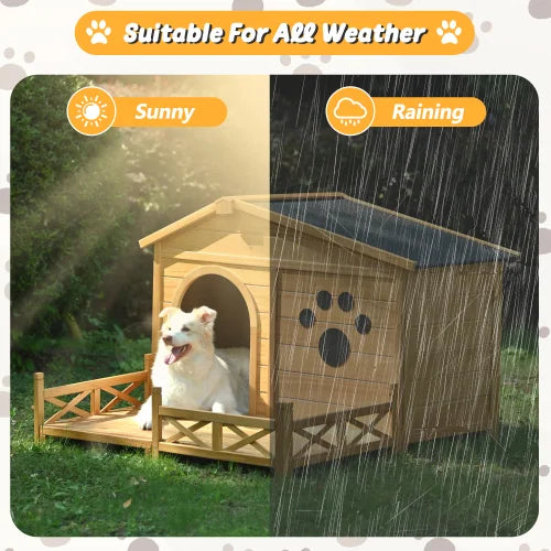 Outdoor Wooden Dog House w/Asphalt Roof and Fenced Porch