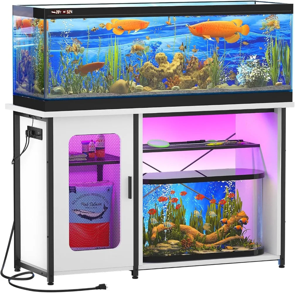 Metal 55-75 Gallon Aquarium Stand Cabinet with Power Outlets & LED Light