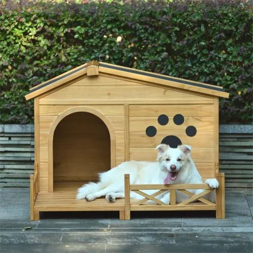 Outdoor Wooden Dog House w/Asphalt Roof and Fenced Porch