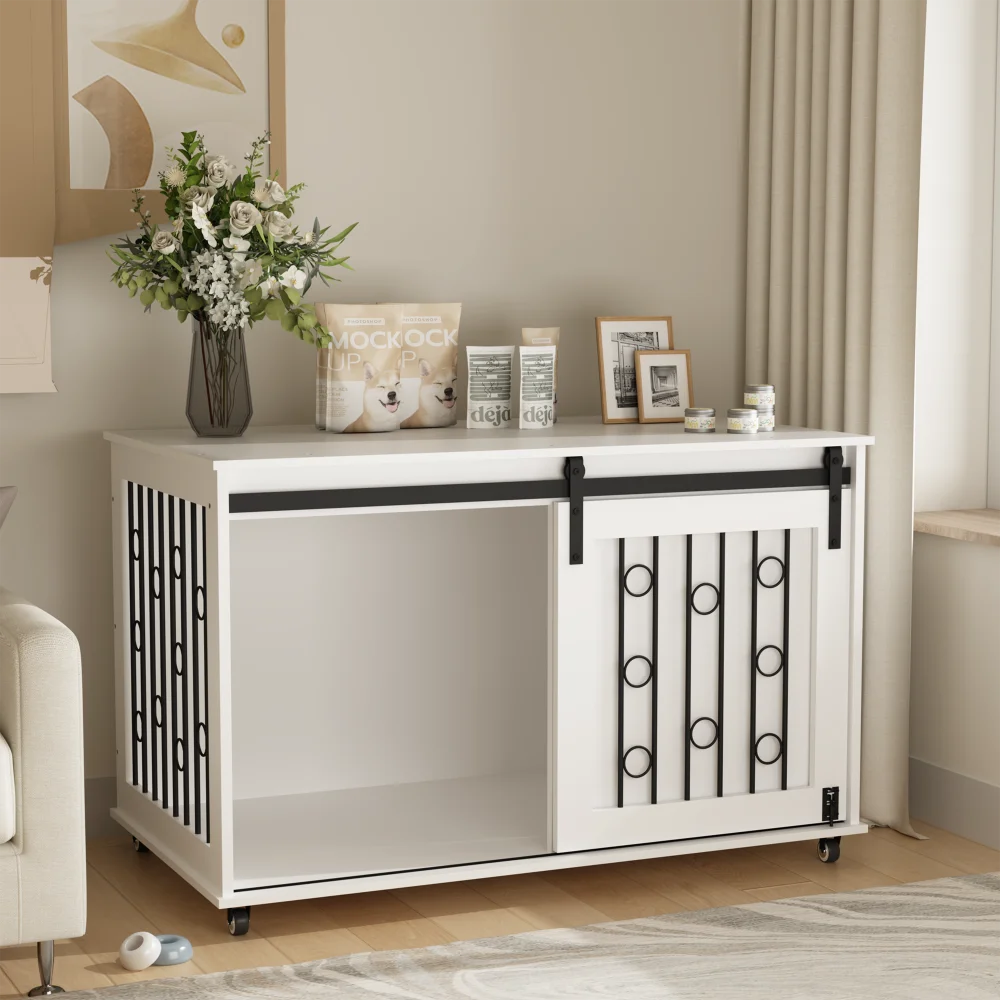 Wooden End Table Dog Kennel with Sliding Barn Door (small/medium dogs)
