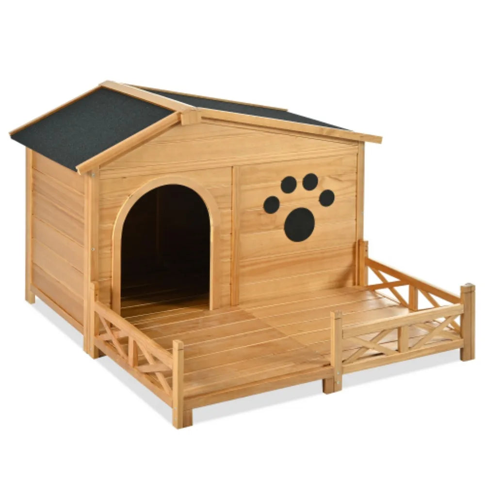 Outdoor Wooden Dog House w/Asphalt Roof and Fenced Porch