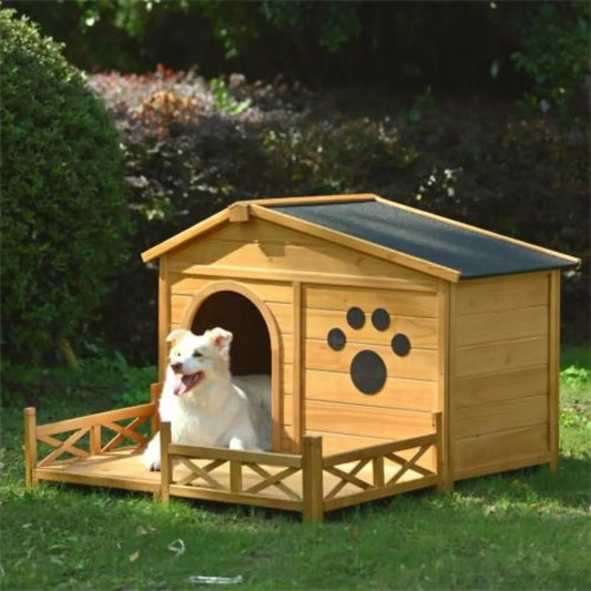Outdoor Wooden Dog House w/Asphalt Roof and Fenced Porch
