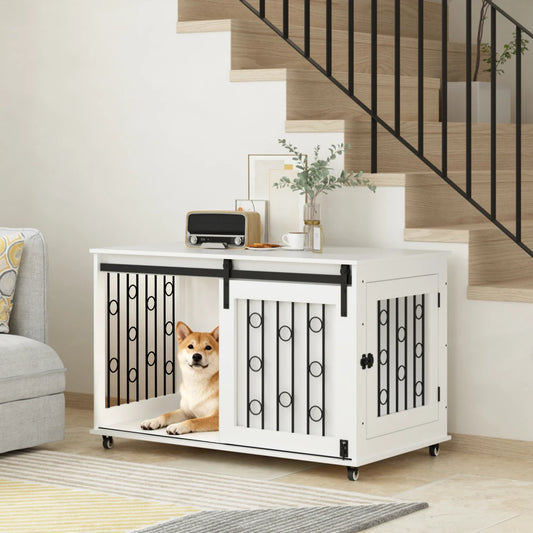 Wooden End Table Dog Kennel with Sliding Barn Door (small/medium dogs)