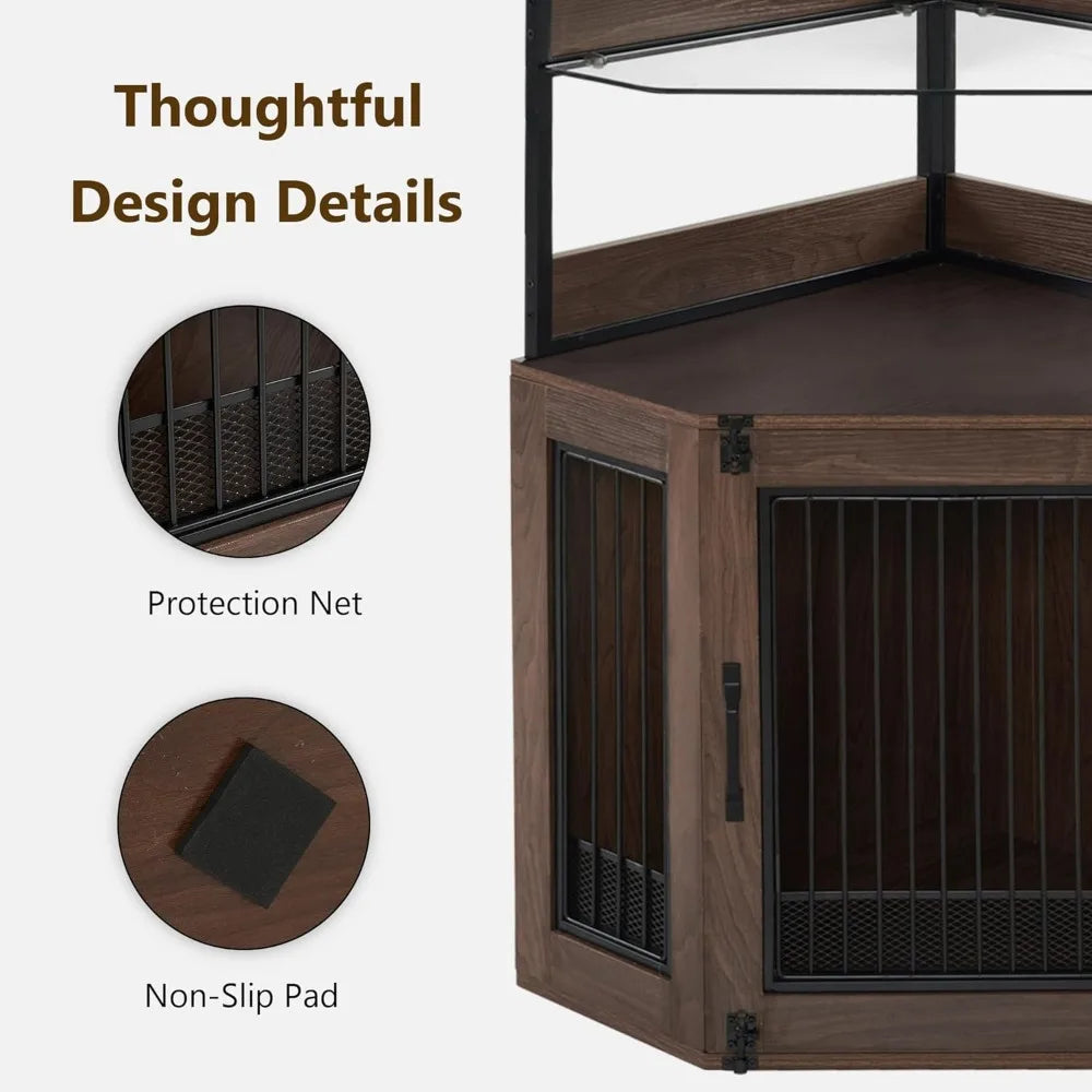 Indoor Small Corner Shelf  Dog Kennel w/Glass Shelves