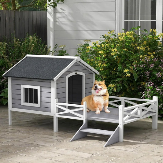 Outdoor Asphalt Roof, Fenced Porch Wooden Dog House