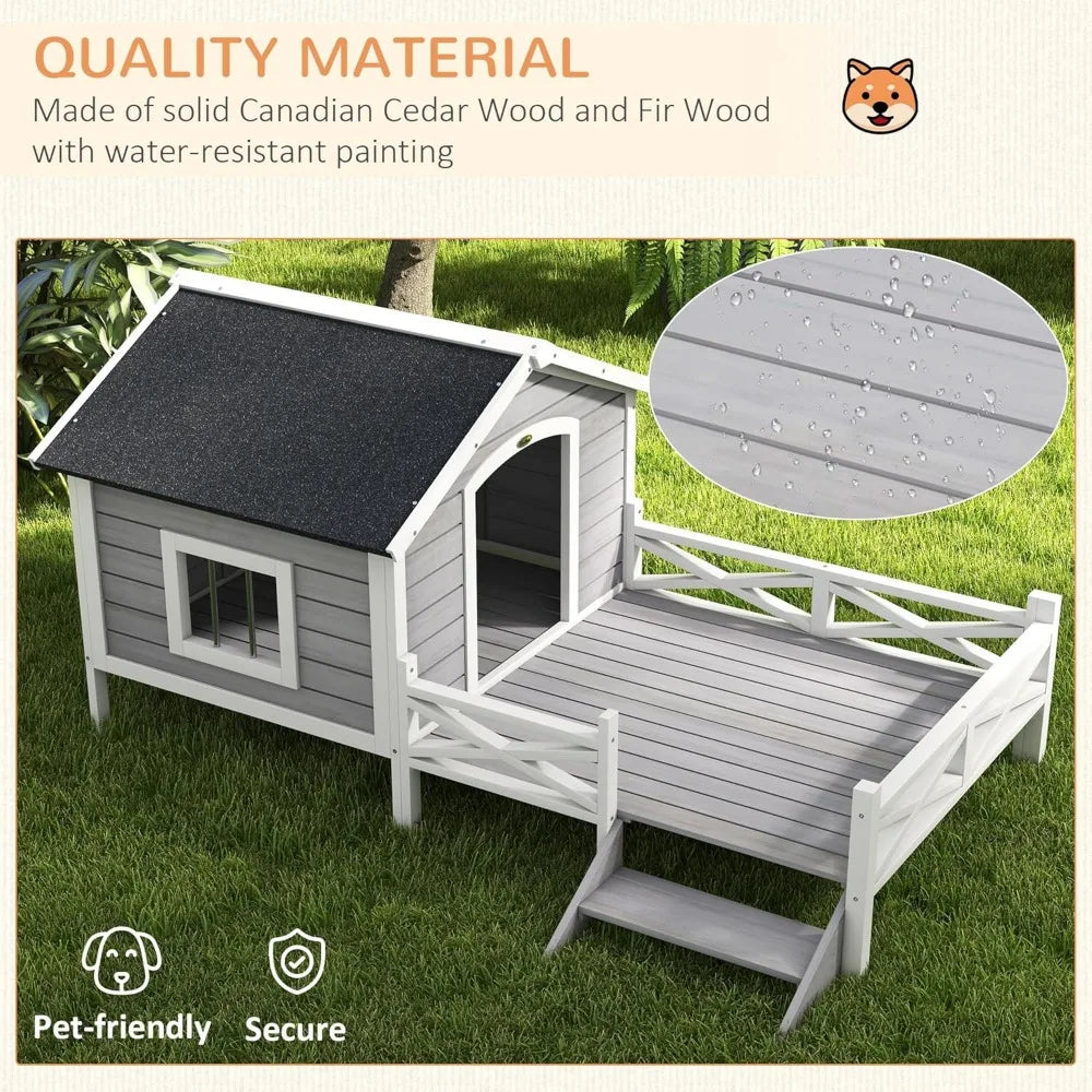 Outdoor Asphalt Roof, Fenced Porch Wooden Dog House