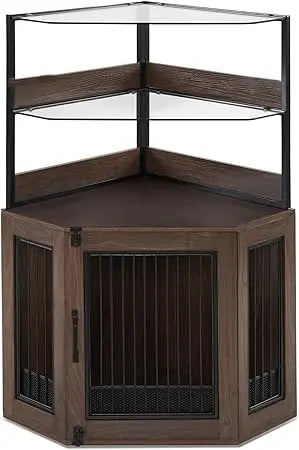 Indoor Small Corner Shelf  Dog Kennel w/Glass Shelves