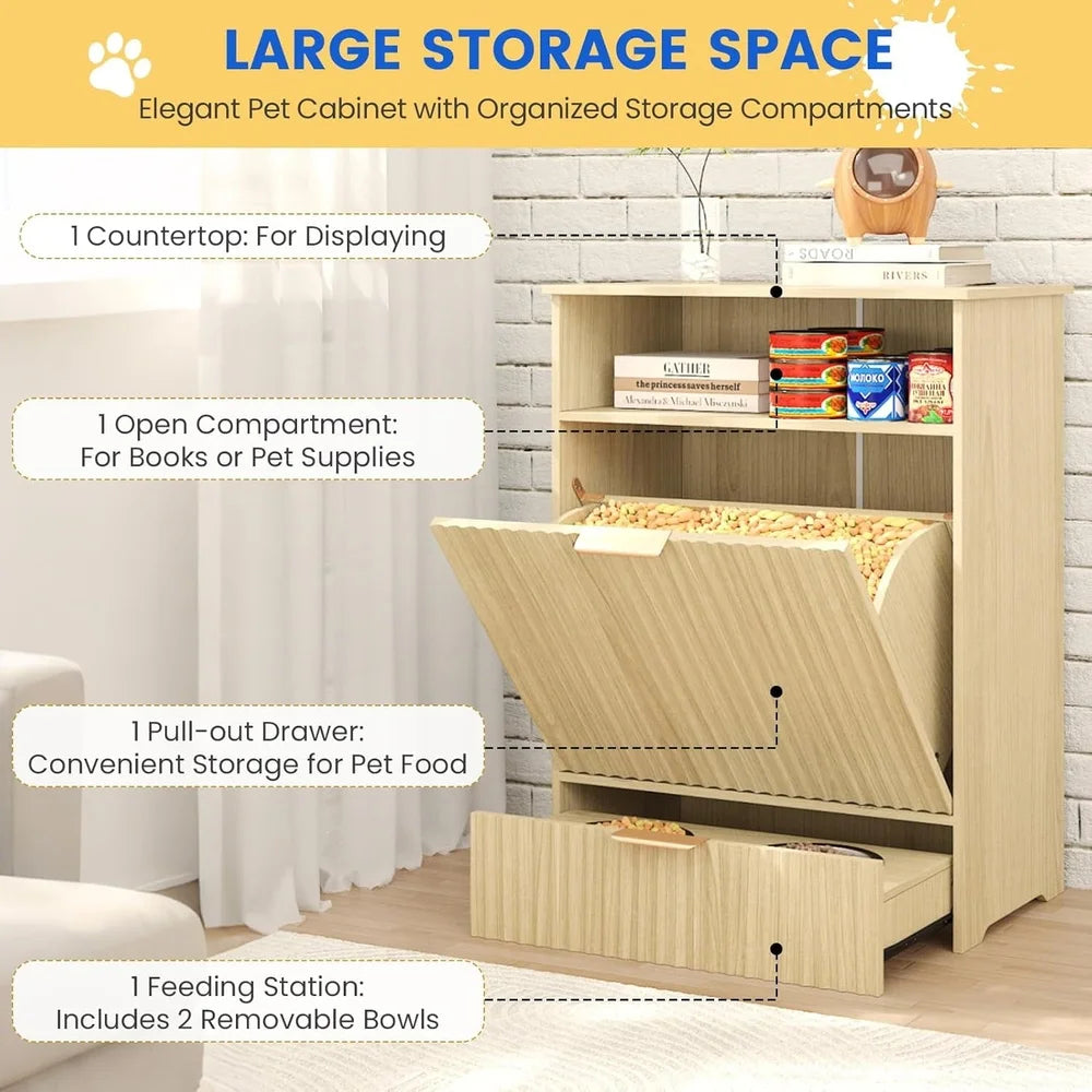 Dog Feeder Tilt-Out Cabinet w/Elevated Feeding Bowls