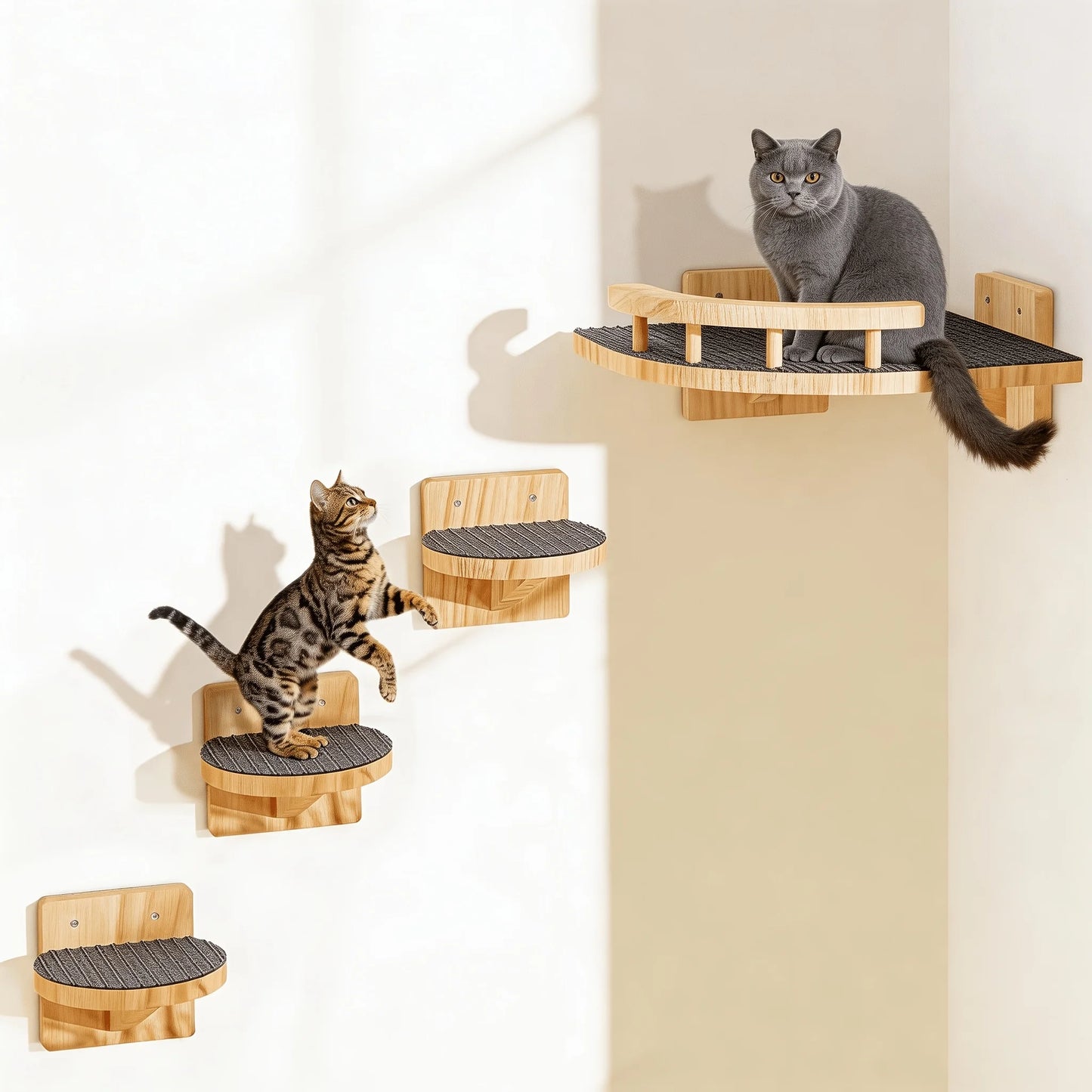 Pine Wood Multi-Level Cat Climbing Wall Shelves 4pc set