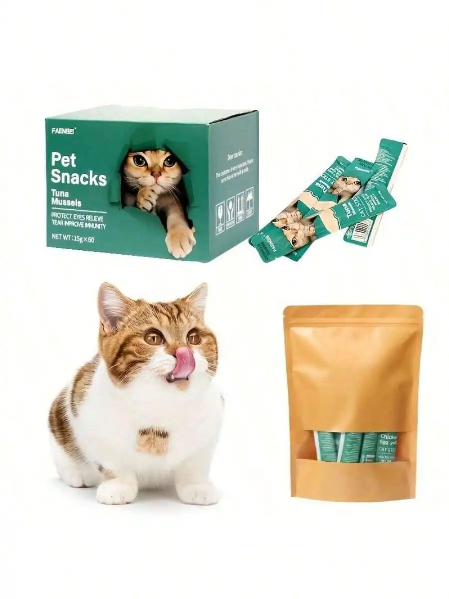 Assorted Cat Treat Pouches, Chicken Egg Yolk/Salmon Krill/Tuna Mussels