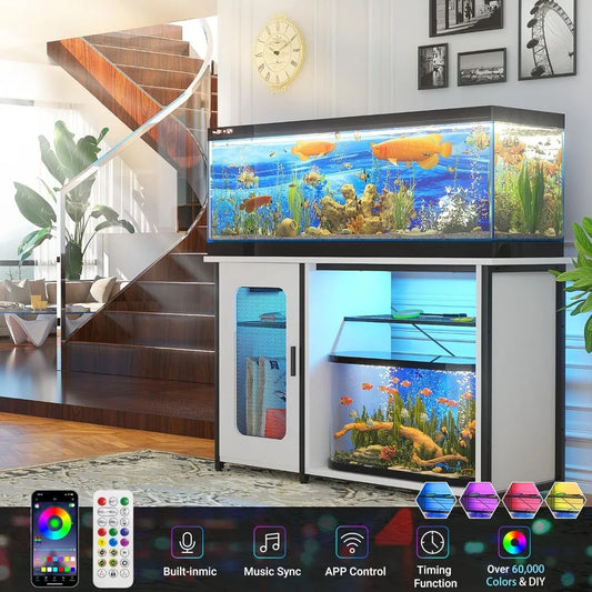 Metal 55-75 Gallon Aquarium Stand Cabinet with Power Outlets & LED Light