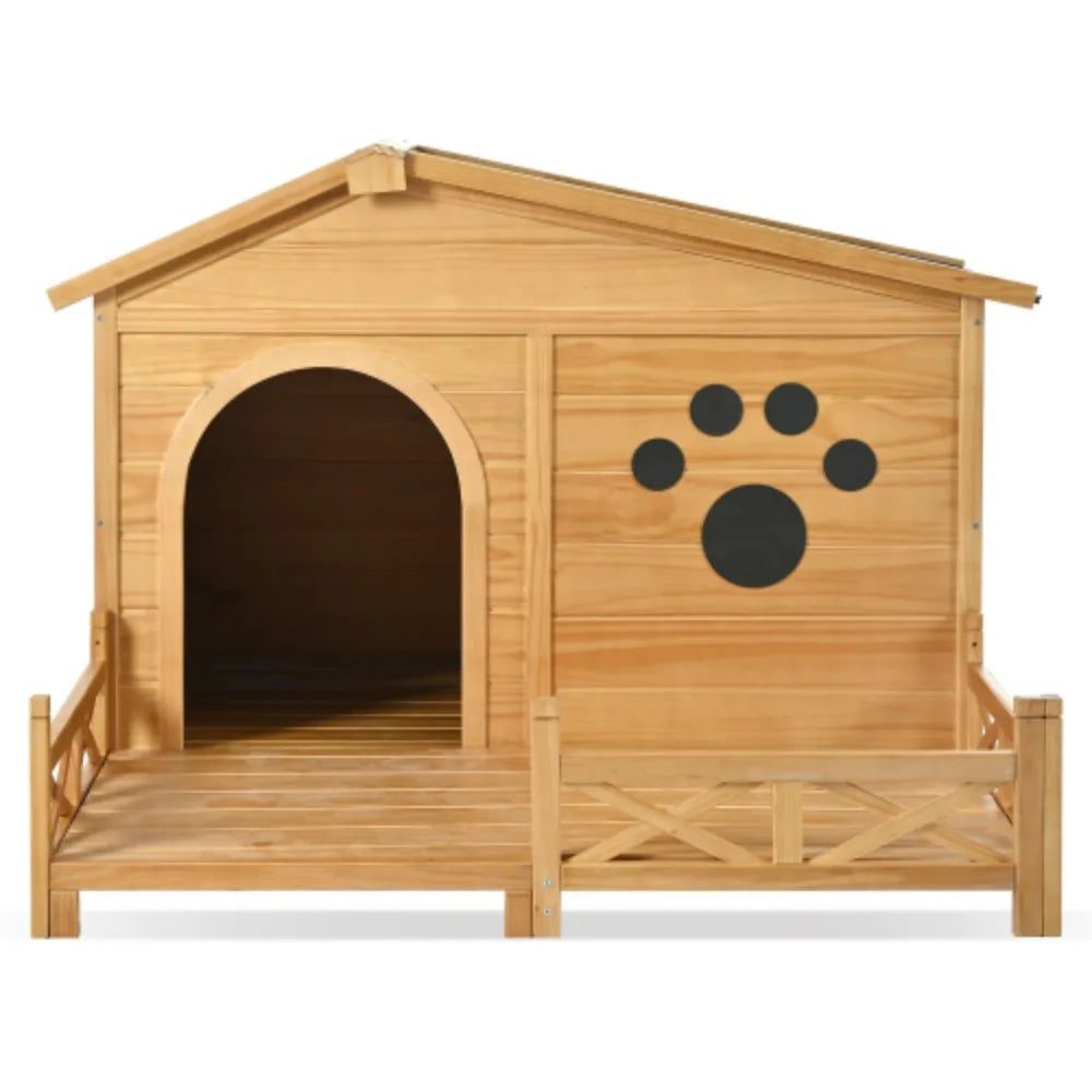Outdoor Wooden Dog House w/Asphalt Roof and Fenced Porch