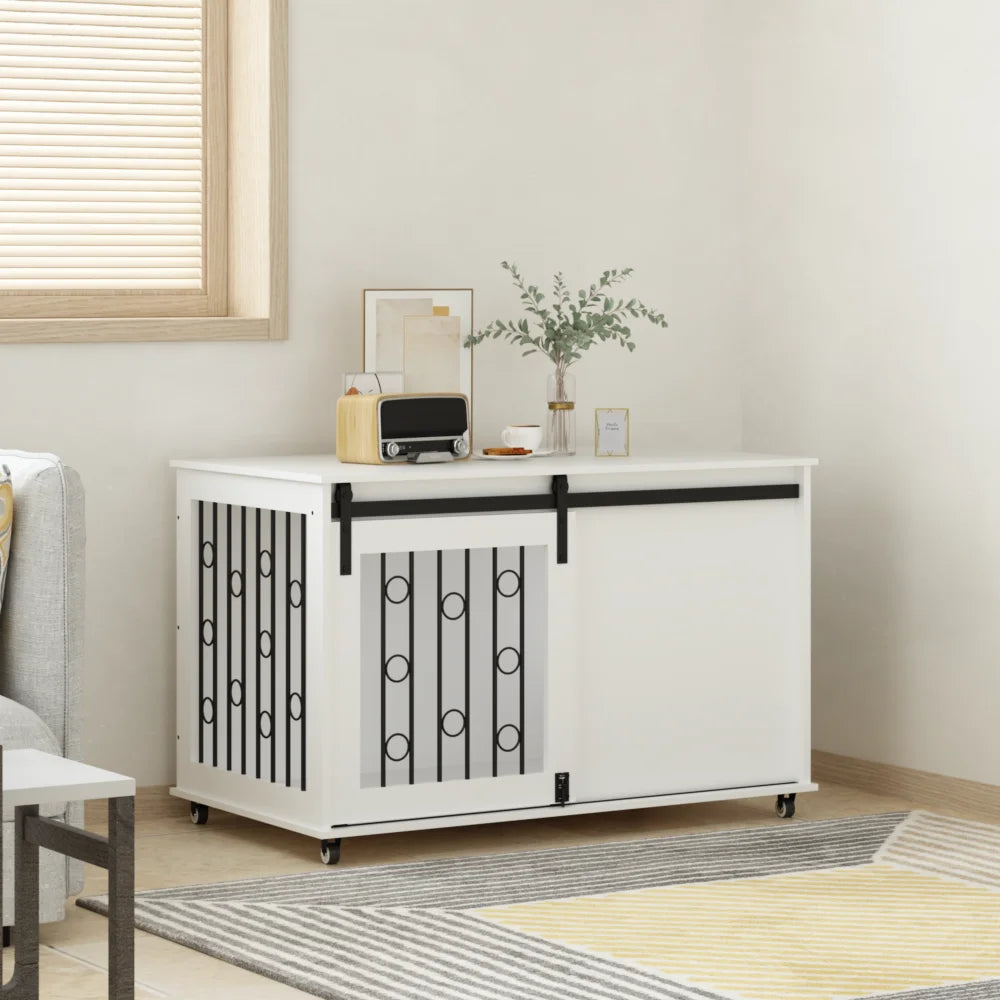 Wooden End Table Dog Kennel with Sliding Barn Door (small/medium dogs)