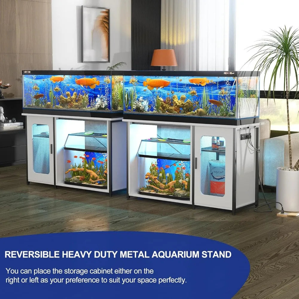 Metal 55-75 Gallon Aquarium Stand Cabinet with Power Outlets & LED Light