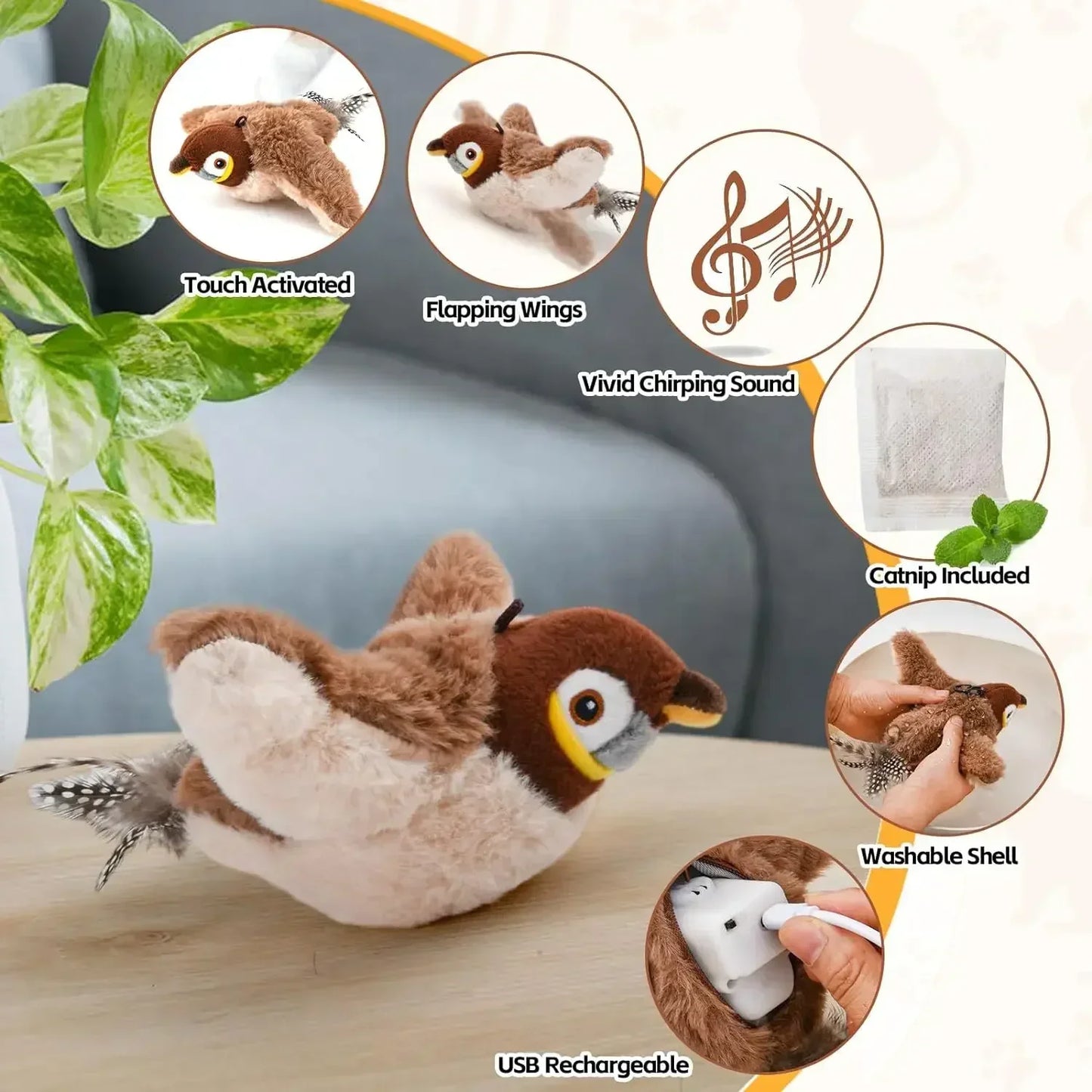 Touch Activated  Chirping Bird, Interactive Cat Toy