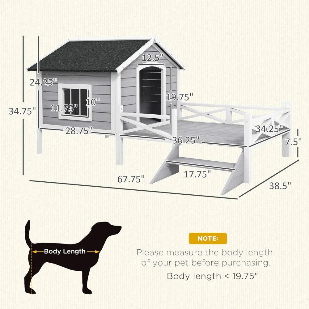 Outdoor Asphalt Roof, Fenced Porch Wooden Dog House
