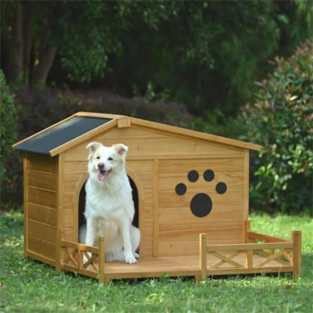 Outdoor Wooden Dog House w/Asphalt Roof and Fenced Porch