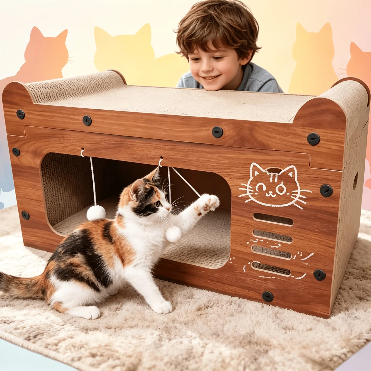 Retro TV Style Entertaining Scratching Pad and Bed for Cats