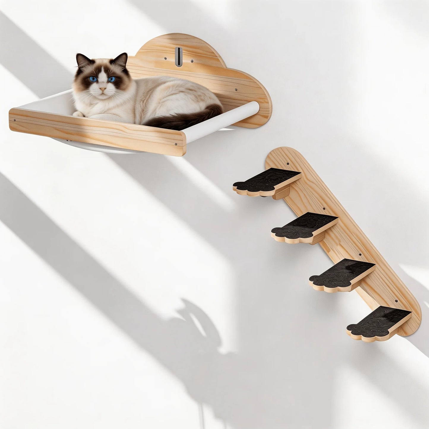 Pine Wood Multi-Level Cat Climbing Wall Shelves 4pc set