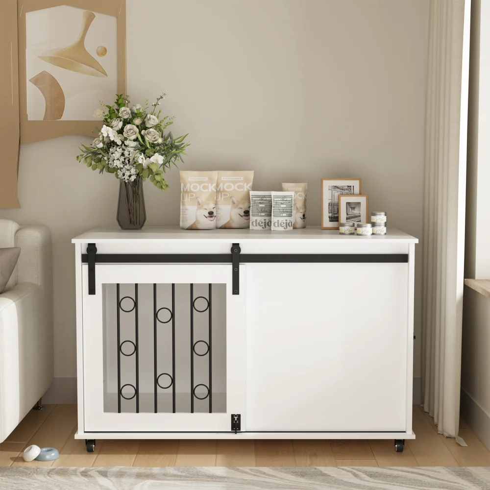 Wooden End Table Dog Kennel with Sliding Barn Door (small/medium dogs)