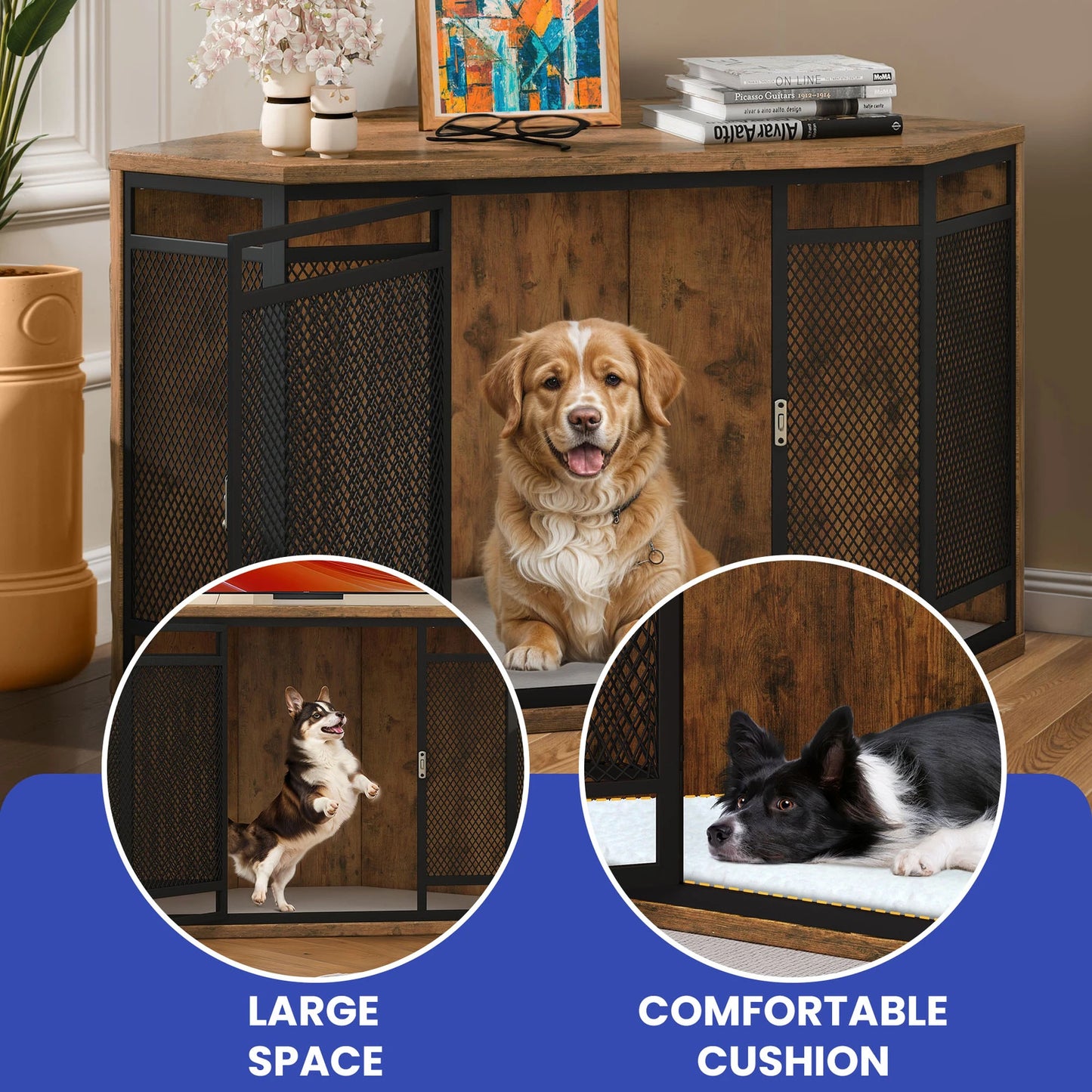 Sturdy Side Table Dog Crate w/Soft Cushion Mat