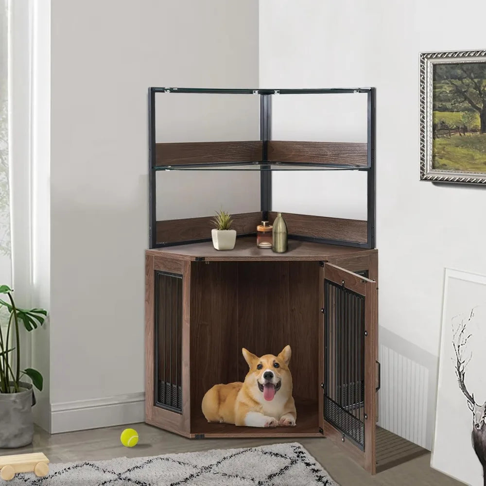 Indoor Small Corner Shelf  Dog Kennel w/Glass Shelves