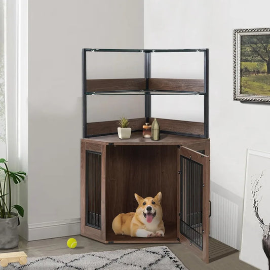 Indoor Small Corner Shelf  Dog Kennel w/Glass Shelves