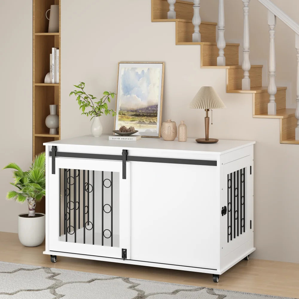 Wooden End Table Dog Kennel with Sliding Barn Door (small/medium dogs)