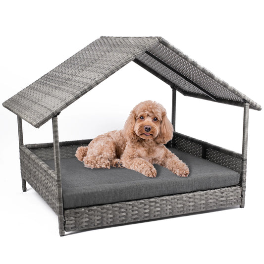 Elevated Wicker Canopy Dog Bed for Outdoors