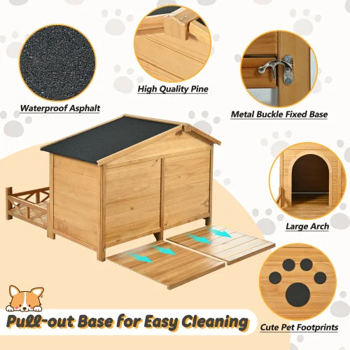 Outdoor Wooden Dog House w/Asphalt Roof and Fenced Porch