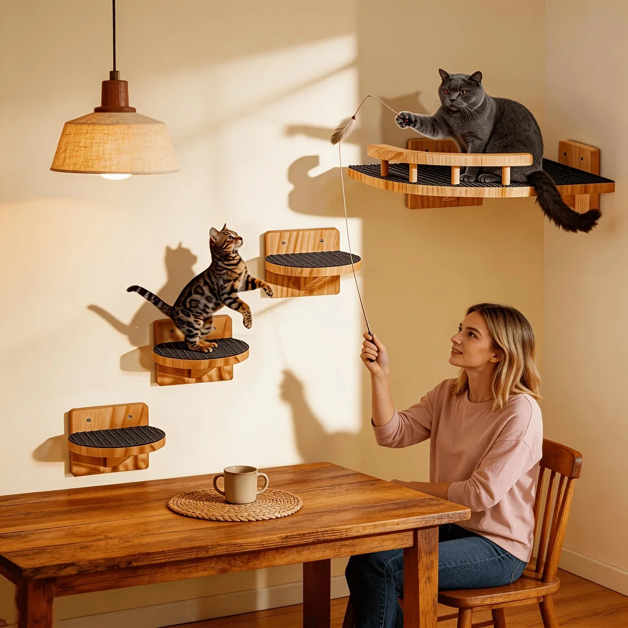 Pine Wood Multi-Level Cat Climbing Wall Shelves 4pc set