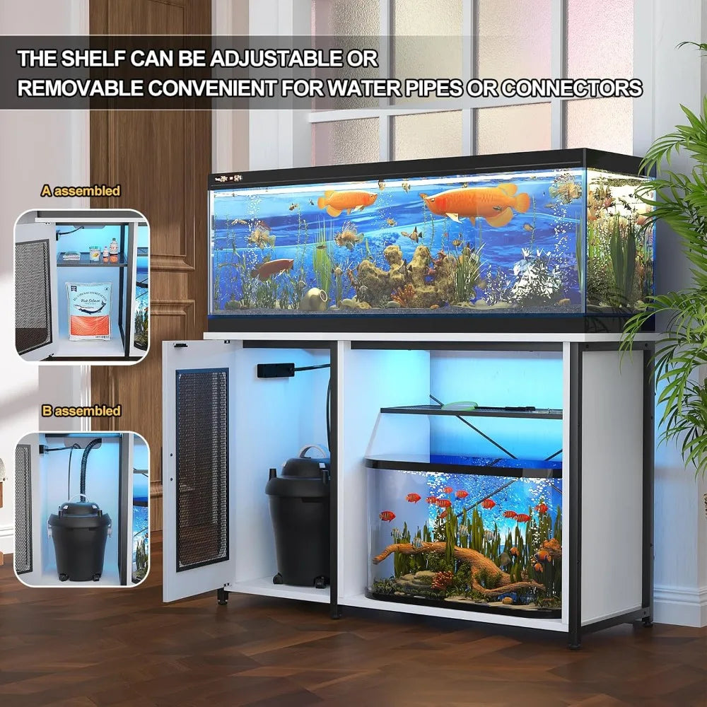 Metal 55-75 Gallon Aquarium Stand Cabinet with Power Outlets & LED Light