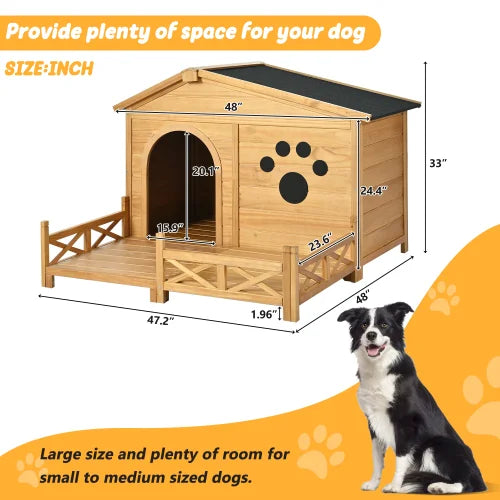 Outdoor Wooden Dog House w/Asphalt Roof and Fenced Porch