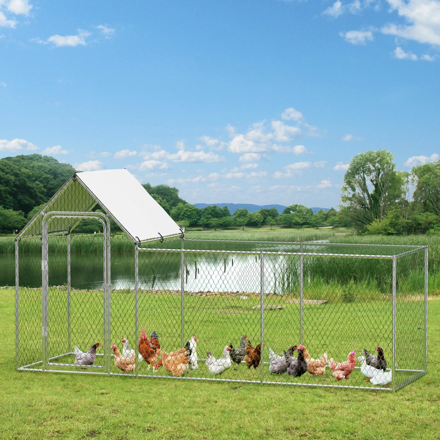 Flat Style Outdoor Walk-In Poultry Cage w/Waterproof Cover