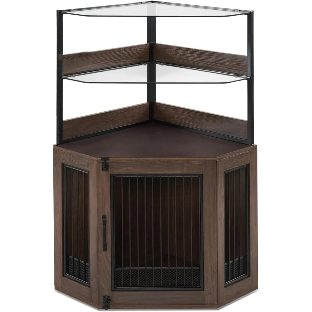 Indoor Small Corner Shelf  Dog Kennel w/Glass Shelves
