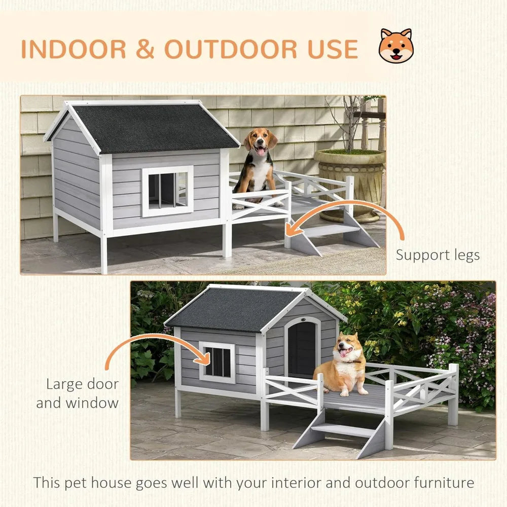 Outdoor Asphalt Roof, Fenced Porch Wooden Dog House