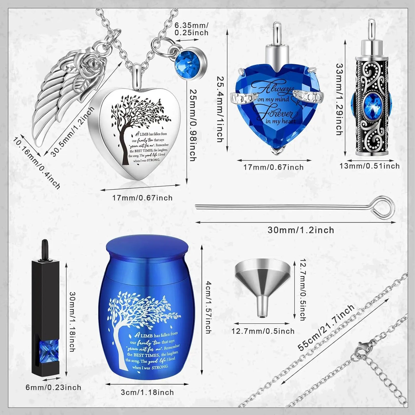 Memorial Urn and Pendant Set for Ashes, (8pcs)