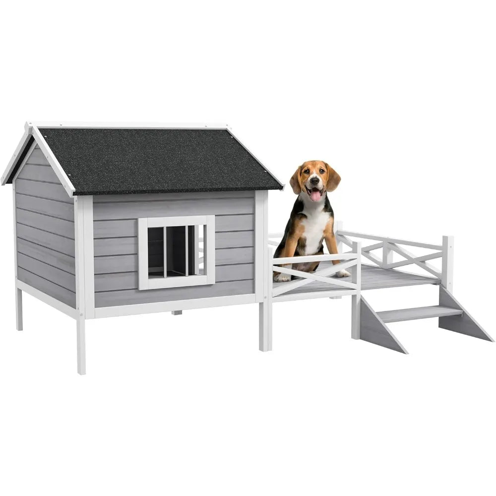 Outdoor Asphalt Roof, Fenced Porch Wooden Dog House