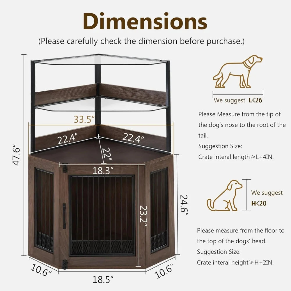 Indoor Small Corner Shelf  Dog Kennel w/Glass Shelves